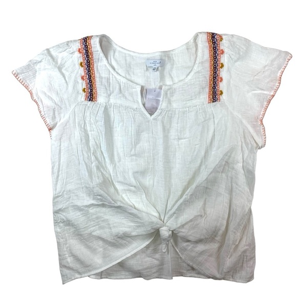 New Directions Plus Size 2X White‎ Peasant Embroidered Tied Knot Ruffle Cap Boho - Picture 1 of 13